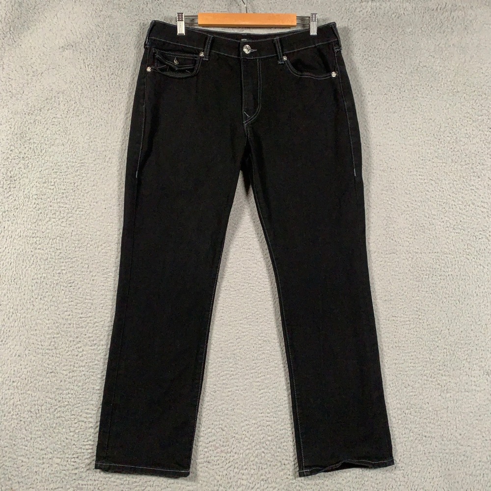True Religion Ricky Flap Relaxed Straight Jeans Mens 34 Black Contrast Stitch 30